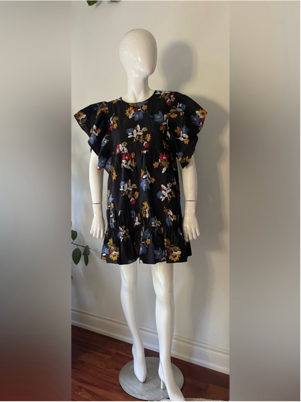 ZARA Floral Ruffle Sleeve Mini Dress | Size S Black Cotton Blend Babydoll Dress - Picture 7 of 10
